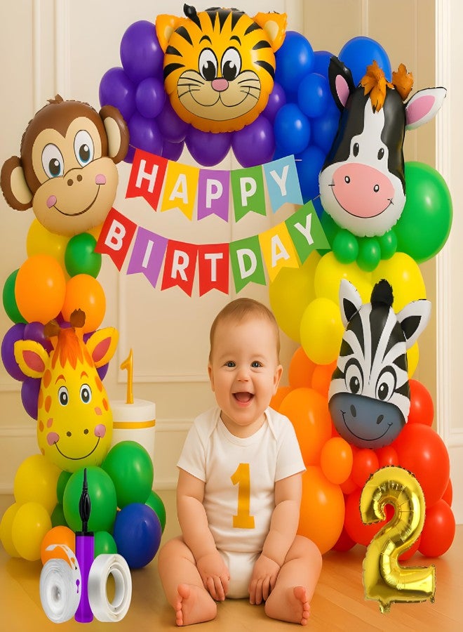 GROOVY DUDZ GROOVYDUDZ Jungle Theme 2nd Birth day Decoration Combo - 54 Pcs Happy 2 Year Birth day Party Kit for Baby Boy & Girl with Safari Animals, Balloons, Banner & Party Accessories - Image 1